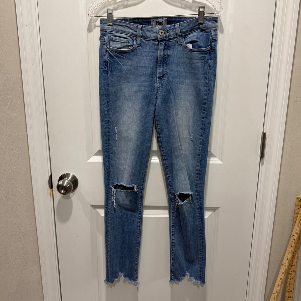 Paige Womens Hoxton Ankle Peg Distressed Raw Hem Blue Jeans 28